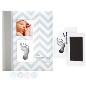 Pearhead First 5 Years Chevron Baby Memory Book, Clean-Touch Safe Ink Pad for Babys Handprint or Footprint, Gender Neutral Milestone And Pregnancy Gray