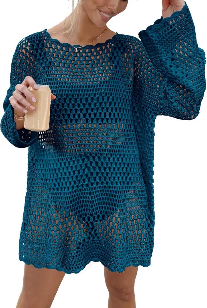 Prinbara Crochet Cover Up for Women Swimsuit Summer Bathing Suit 2025 Swim Hollow Out Bikini Swimwear Mesh Knit Beach Dress Cyan Small (Blue, S)