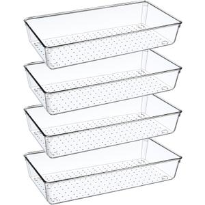 4PCS Clear Plastic Drawer Organizer Tray, 12'' Large Acrylic Vanity Bathroom Drawer Organizers Trays, Desk Drawer Organizer Bins for Cosmetics, Makeup, Kitchen, Office, Junk Drawer Organization
