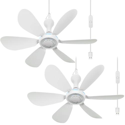 Glooglitter 2 Sets USB Hanging Ceiling Fan with Remote Control, Timing, and 6.8ft Extension Cord 6 Blade Quiet Small Dc USB Ceiling Fan for Camping Bed Dormitory Rv Tent Home Room
