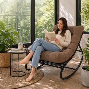 Garvee Papasan Rocking Chair, Thick Cushion, 450 lb Frame, Dark Walnut Brown, 61.02"D × 29.92"W × 32.28"H
