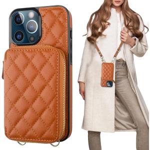 Bocasal Crossbody Wallet Case for iPhone 13 Pro Max, RFID Blocking PU Leather Zipper Handbag Purse Flip Cover, Kickstand Folio Case with Card Slots Holder Wrist Strap Lanyard 5G 6.7 Inch (Brown)