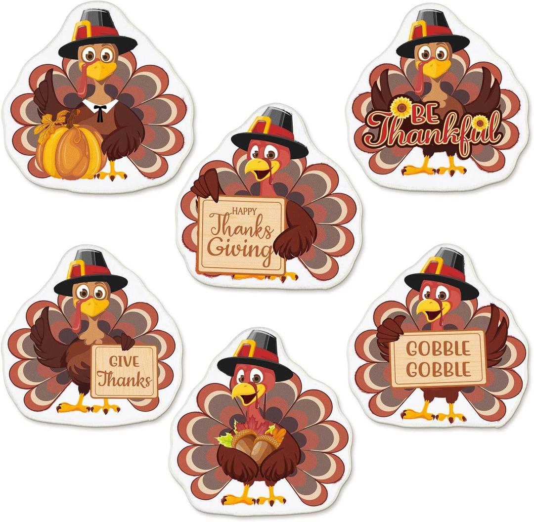 6 Pcs Thanksgiving Bathroom Rug Thanksgiving Turkey Bath Mat Bathroom Decor Farmhouse Turkey Rugs Non Slip Bath Doormat 16 x 16 Inches for Holiday Kitchen Living Room Home