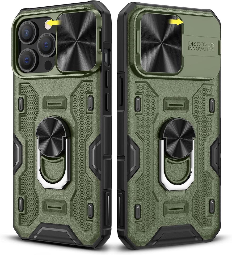 Caka for iPhone 13 Pro Case with Stand, [Full Camera Cover] [360Rotated Kickstand Ring] Protective Heavy Duty Shcokproof Hard Rugged Military Grade Phone Accessories for 13Pro Green