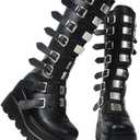 Gothniero High Platform Knee Boots Chunky Heel Wedge Black Boots For Women Combat Goth Punk Motorcycle Booties Zip up With Metal Buckles Size 39
