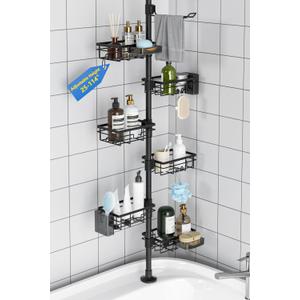 GearFusion Shower Caddy Organizer Tension Pole, Rustproof 4 Tier Corner Shower Rack with 25114 Inch Adjustable Height for Bathroom Storage, Extra Towel Rack, Soap Dish and Toothbrush Holder, Black