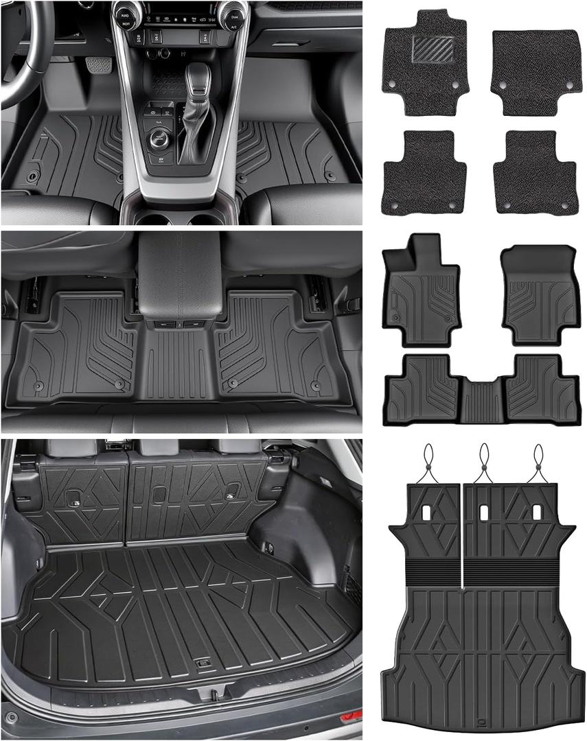 Floor Mats & Cargo Liner Set for Toyota RAV4 2019-2025, Full Coverage Interior Protection with Trunk Mat, Backrest Protector & Door Sill Guards, All Weather TPE Waterproof Anti-Slip Custom Fit