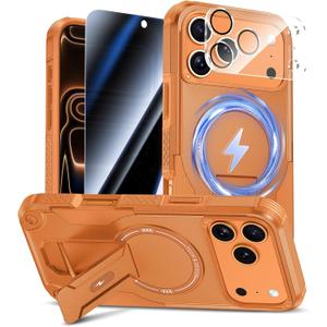 Goton for iPhone 17 Pro Max Case with Privacy Tempered Glass Screen Protector & Camera Lens Protector, Compatible with MagSafe, Invisible Kickstand, Shockproof Phone Cover, Orange