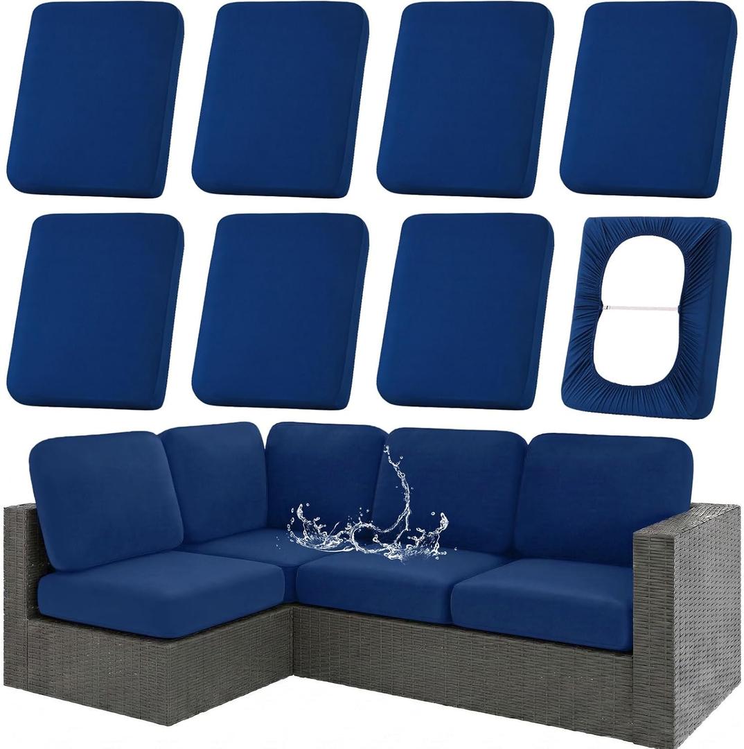 hyha Waterproof Outdoor Cushion Covers for Patio Furniture, Stretch Patio Chair Cushion Slipcovers, Coated UV Resistant Replacement Seat Covers, Solid Color (Navy, 8PC)
