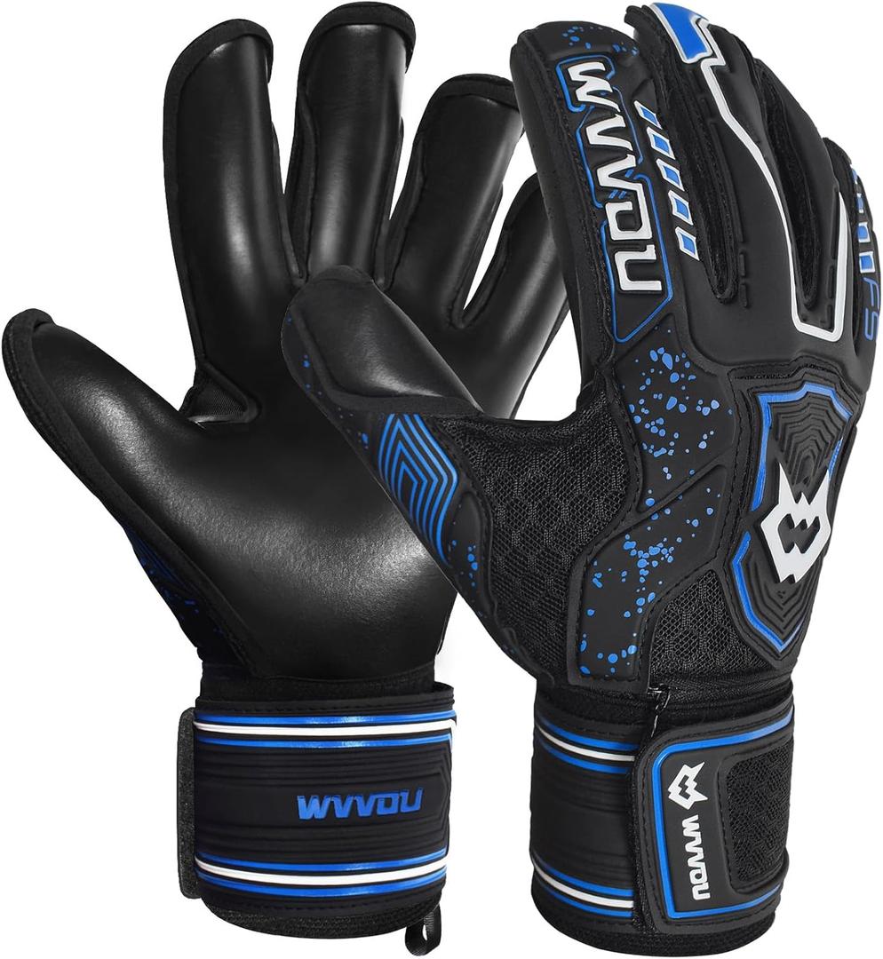 WVVOU Soccer Goalie Gloves for Youth and Adult with 4 Finger Saves, Pro Goalkeeper Gloves, Soccer Gloves with 4+3mm Super Grip Latex Palm (6, Blackblue2)