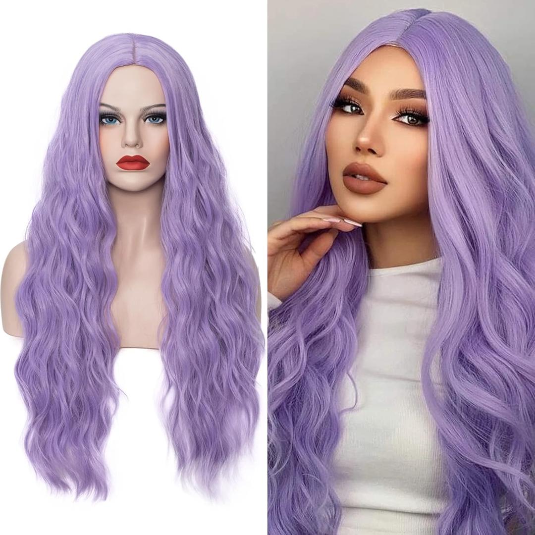Women's Pastel Purple Wig 27 Inches Long Curly Wavy Hair Wig Heat Resistant Fibers Synthetic Wig For Women Girl Cosplay Party Halloween Wig Cap Included (Pastel Purple)