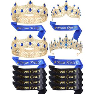 Ferreve 16 Pcs Prom King Queen Crown Sash Set Crystal Rhinestones Tiaras Sash for Prince Princess Court Birthday Wedding Graduation Party Favor Costume Accessories Dress Up(Blue)