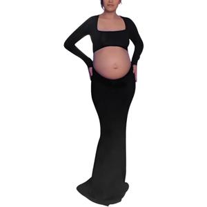 Bhome Maternity Photoshoot Dress Long Sleeve Sexy Cut-Out Backless Maternity Maxi Gown Photography Outfits (Black)