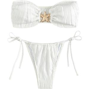 GORGLITTER Women's Strapless Bandeau Swimsuits High Cut Tie Side Thong Ring Bikini Sets Bathing Suits (Medium, White)