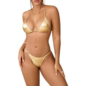 SHENHE Women's 2 Piece Swim Suits Metal Halter Neck Bow Tie String Thong Bikini Sets Bathing Suit (Gold) S