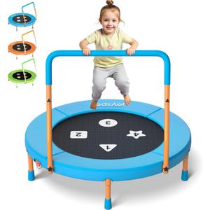 3FT Toddler Trampoline with Adjustable Handlebar, 36" Foldable & Spring-Free, Mini Kids Indoor Outdoor Trampoline for Ages 1-6, Noiseless Jumping Mat, Safe & Sturdy Design, Supports Up to 100 lbs (Blue)