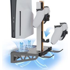 AodoT PS5/PS5 Slim/ PS5 Pro Wall Mount, Accessories Kit with Cooling Fan & Charging Station, Shelf Floating Mount for PS5/PS5 Slim/ PS5 Pro Disc & Digital Console, Behind TV Wall Bracket