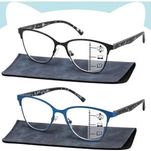 Progressive Multifocal Reading Glasses Women Cat Eye No Line Multifocus Transition Blue Light Reader Lady Metal Frame