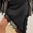 Women Y2k Fairy Asymmetrical Hem Lace Trim Midi Skirt Coquette Flowy A Line Half Slip Skirt Silky Satin Underskirt (Black, M)