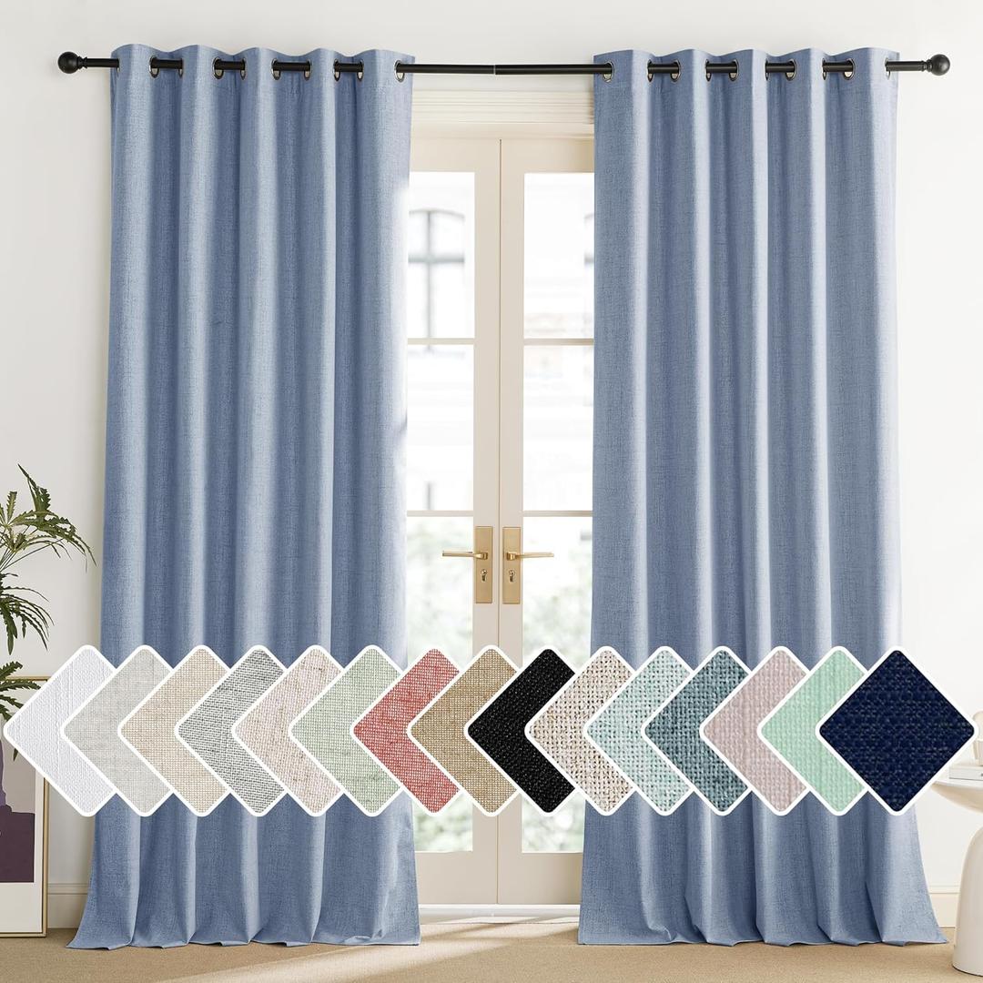 NICETOWN Stone Blue Vintage Linen 100% Blackout Curtains for Living Room, Thermal Insulated Curtains 90" Long, Noise Reducing Window Treatment Drapes for Home Office, 62" Wide Per Panel, Set of 2