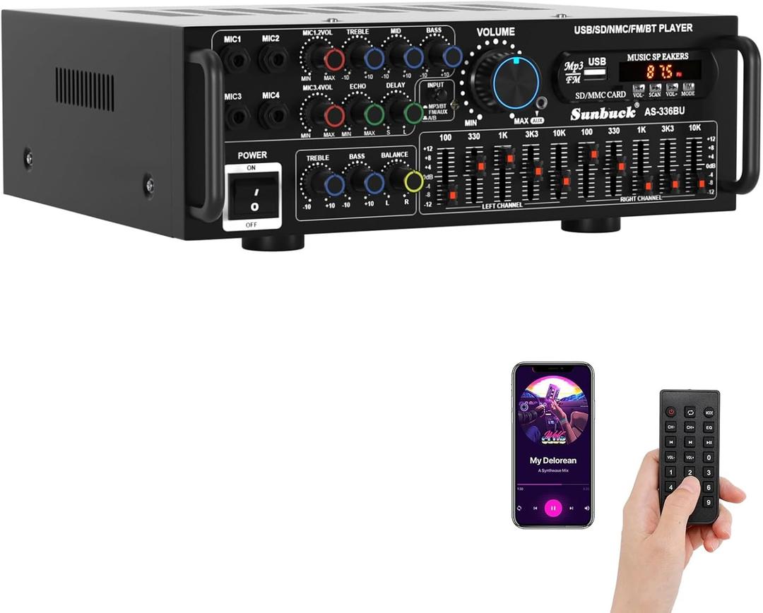 2000W Stereo Audio Amplifier for Home Theater, Car Audio, Karaoke, Party, Outdoor Camping with Multiple Input Modes EQ Mixer, Mic Input, Remote Control, 2.0 Channel