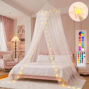 Obrecis Bed Canopy with LED Star Lights, Princess Canopy Bed Curtain with 18 Colors Changing String Lights Remote Timer for Girls Bedroom, Pink Red Blue White Dome Canopy for Twin to King Size Bed