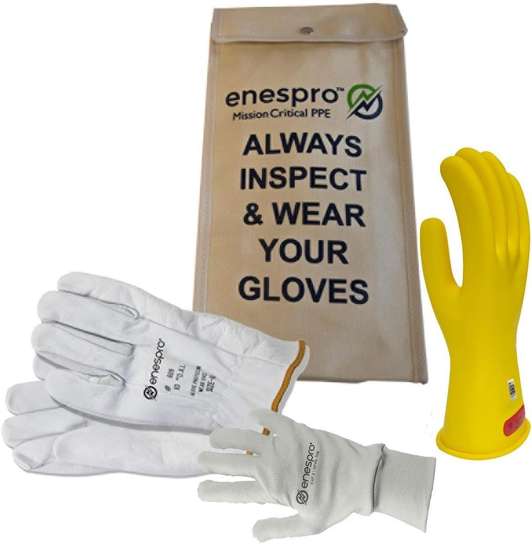 Enespro Class 0 Yellow Rubber Voltage Insulating Glove Premium Kit with FR Knit Glove and Leather Protectors (12)