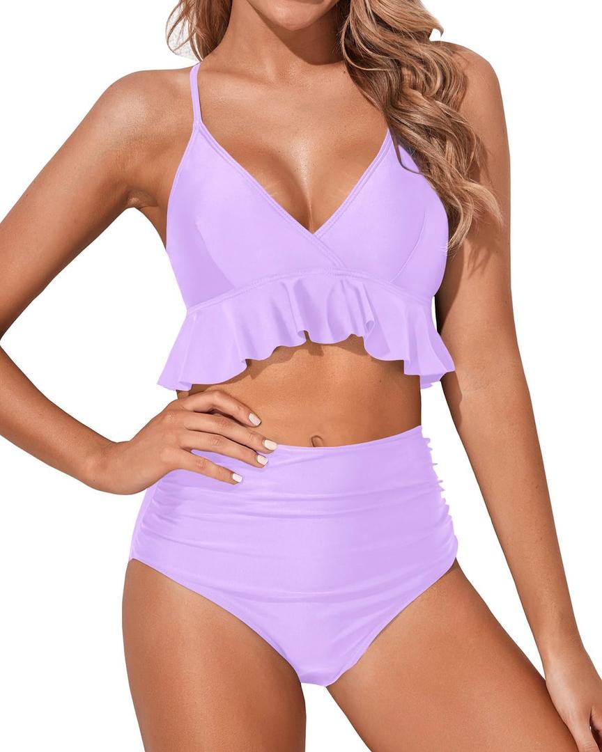 Tempt Me Women Two Piece Swimsuits High Waisted Bikini Set Ruffle Flounce Tummy Control Bottoms Bathing Suit (XL, Lavender Purple)