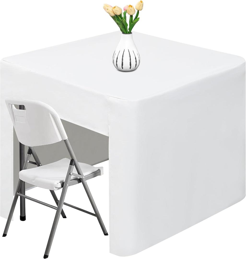 34 x 34 inch Square Fitted Open Back Tablecloth for Folding Table Washable Polyester Table Cover for Trade Show Wedding Party Picnic Outdoor Events White