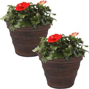 Sunnydaze 13-Inch Laurel Large Plant Pot - Polyresin Round Outdoor Planter with Drillable Drainage Holes - 2 Pack - Rust