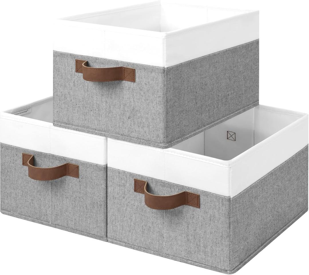 StorageWorks Storage Baskets for Shelves, Foldable Fabric Closet Storage Bins with Handles, Fabric Storage Bins Clothes Organizer, Gray and White, 3-Pack, Medium (14 " L x 10 " W x 8" H)