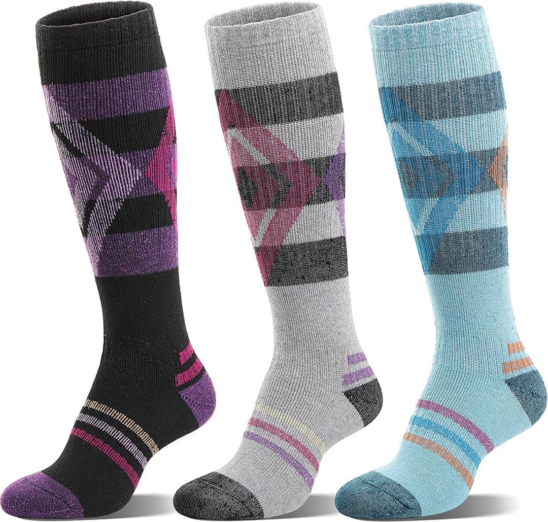 3 Pairs Merino Wool Ski Socks for Womens Mens Thermal Winter Warm Thick Knee High Socks for Skiing Snowboarding (Medium, Blue / Black / Grey)