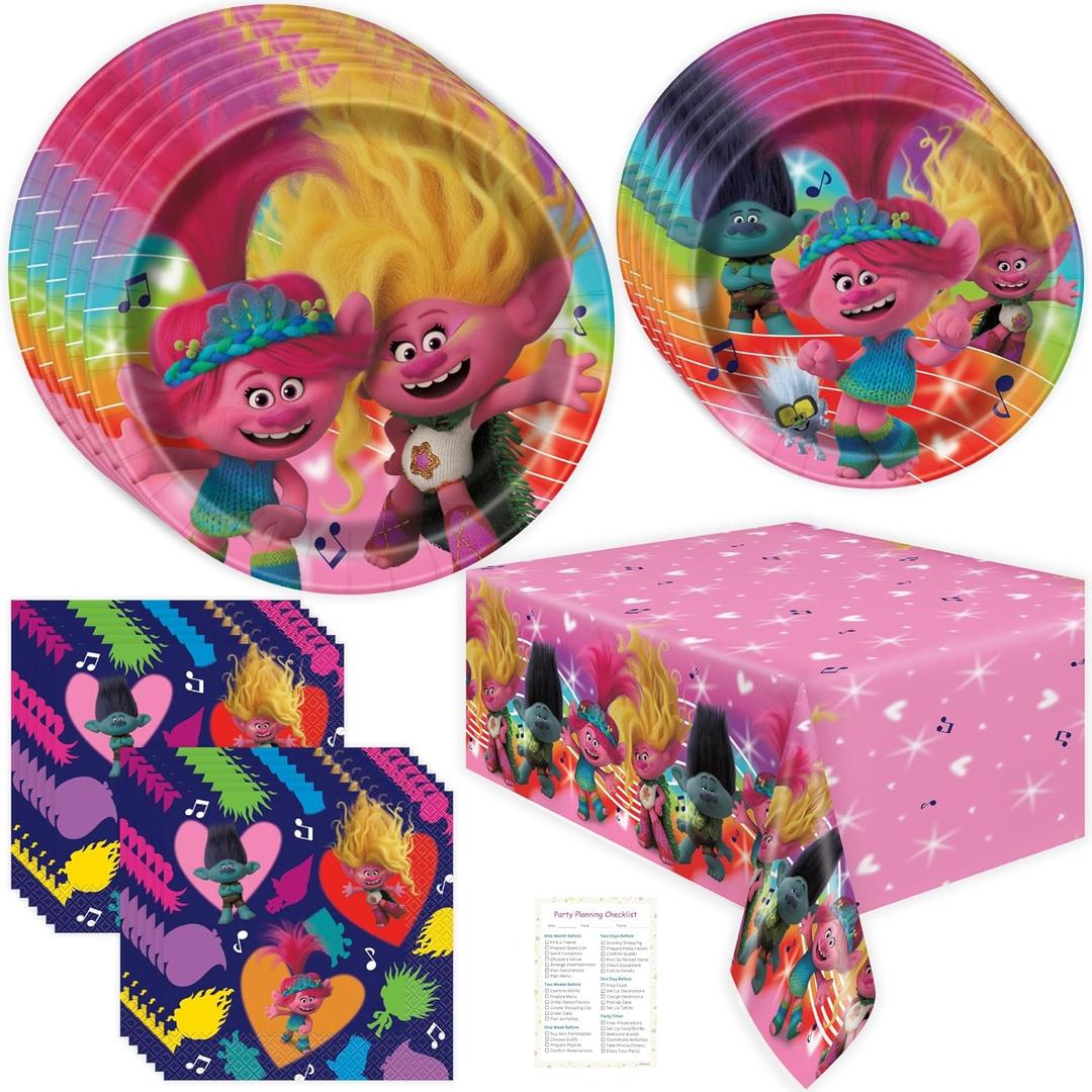 Trolls Birthday Party Decorations - Plates and Napkins, Table Cloth, Checklist - Trolls Party Decorations - 8 Guests