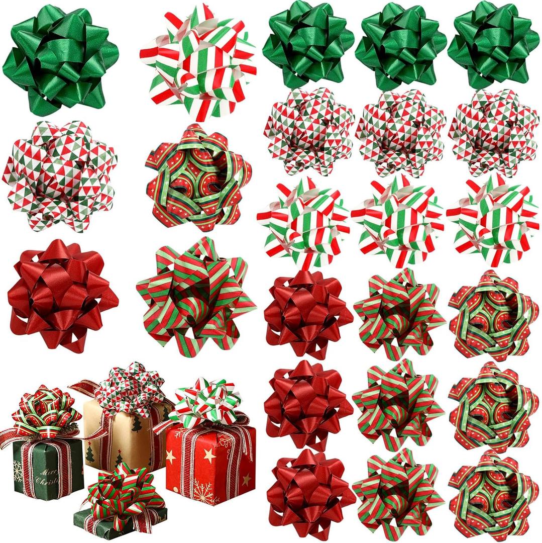 Geelin 24 Pcs Christmas Gift Pull Bows Peel Stick 6 Style Christmas Confetti Gift Bows Xmas for Tree Presents Package Baskets Wedding Party Decor Birthday