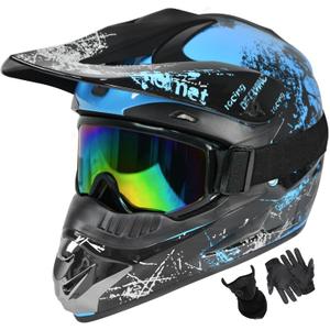 Dirt Bike Helmets Youth Motocross, Motorcycle, BMX, ATV, Off-Road, Four Wheeler, Adult Moutain Bike Helmets Dot Approved (Goggles Gloves Faceshield) (Blue, X-Large)