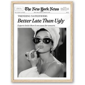 iHery Small Natural OAK Wood Hepburn Newspaper Trendy Framed Wall Art, 8X10 in Vintage Canvas Print, Beige Logs Retro Bathroom Art, Better Late Than Ugly, Set of 1 Apartment Girly Dorm Room