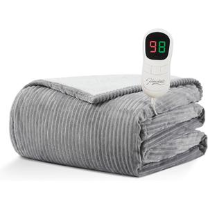 Homemate Electric Heated Blanket - 62"x84" Auto-Off Sherpa Flannel Blanket With 10 Heat Levels, Overheat Protection and ETL Certification (62 Inch x 84 Inch, Light Grey (Striped))