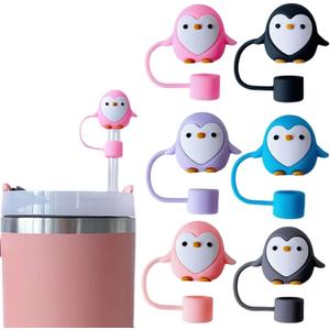 6Pcs Cute Penguin Straw Covers Cap Toppers for Cup 10mm, Silicone Cartoon Penguin Straw Tips Lids Protector BPA Free for 10mm Cup Accessories, Reusable Dust-Proof Cap