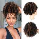 Kinky Curly Brown Short Drawstring Ponytail Extension for Black Women,Short Curly Highlight Brown Drawstring Ponytail Extension Synthetic Blonde Messy Bun Hair Piece 10Inch F1B/30