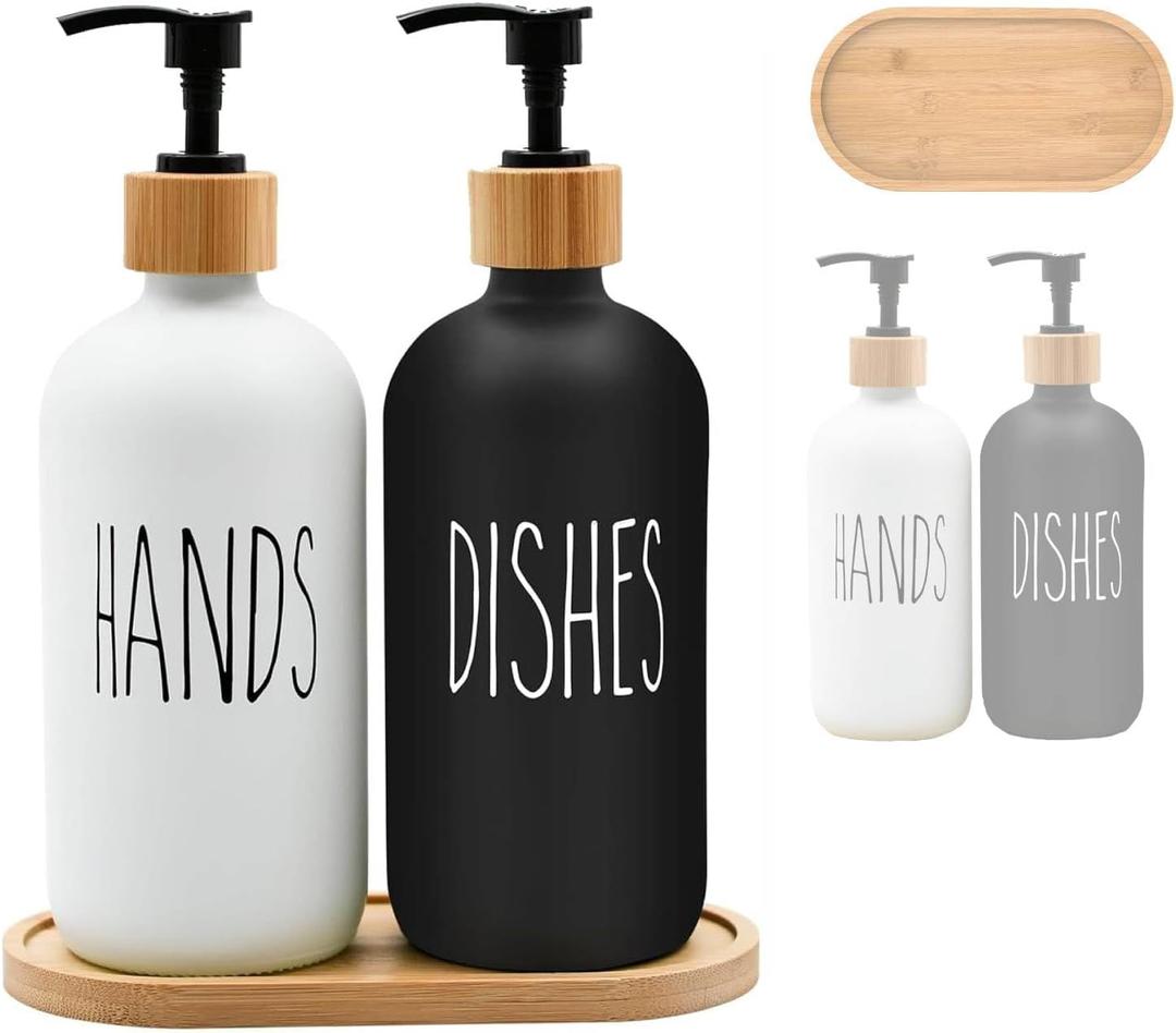 Glass Soap Dispenser Set, 16 OZ Hand and Dish Soap Dispenser Set with Bamboo Tray Modern Farmhouse Kitchen