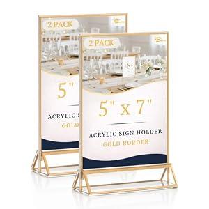 EHWINE 2 Pack Acrylic Sign Holder 5 x 7, Double Sided Gold Picture Frame Stand up Table Top Sign Holders, Clear Display Stand Menu Flyer Holder for Wedding Party