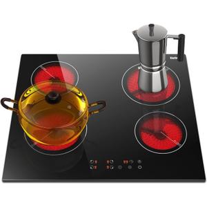 Karinear Drop-in 4 Burner Electric Cooktop 24 Inch Radiant Cooktop, Electric Stove Top with Residual Heat Indicator, Child Safety Lock, Timer, 220-240V, 6000W, Hard Wire(No Plug)