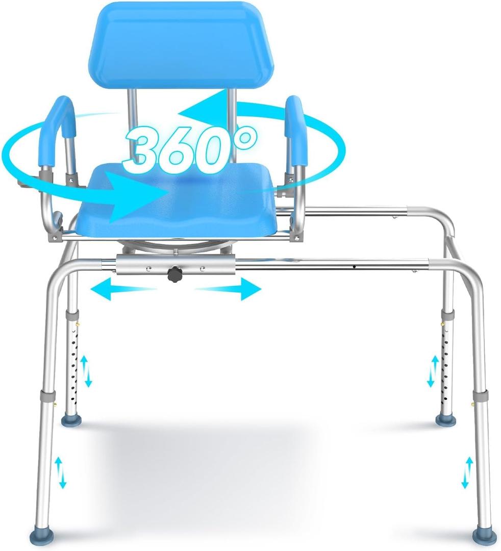 Swivel Sliding Shower Chair with Swivel Seat, Tub Transfer Bench for Elderly and Handicap, Premium Padded Bath Stool with Pivoting Arms, Adjustable Height, Space-Saving, Supports Up to 330 lbs (330Lbs)