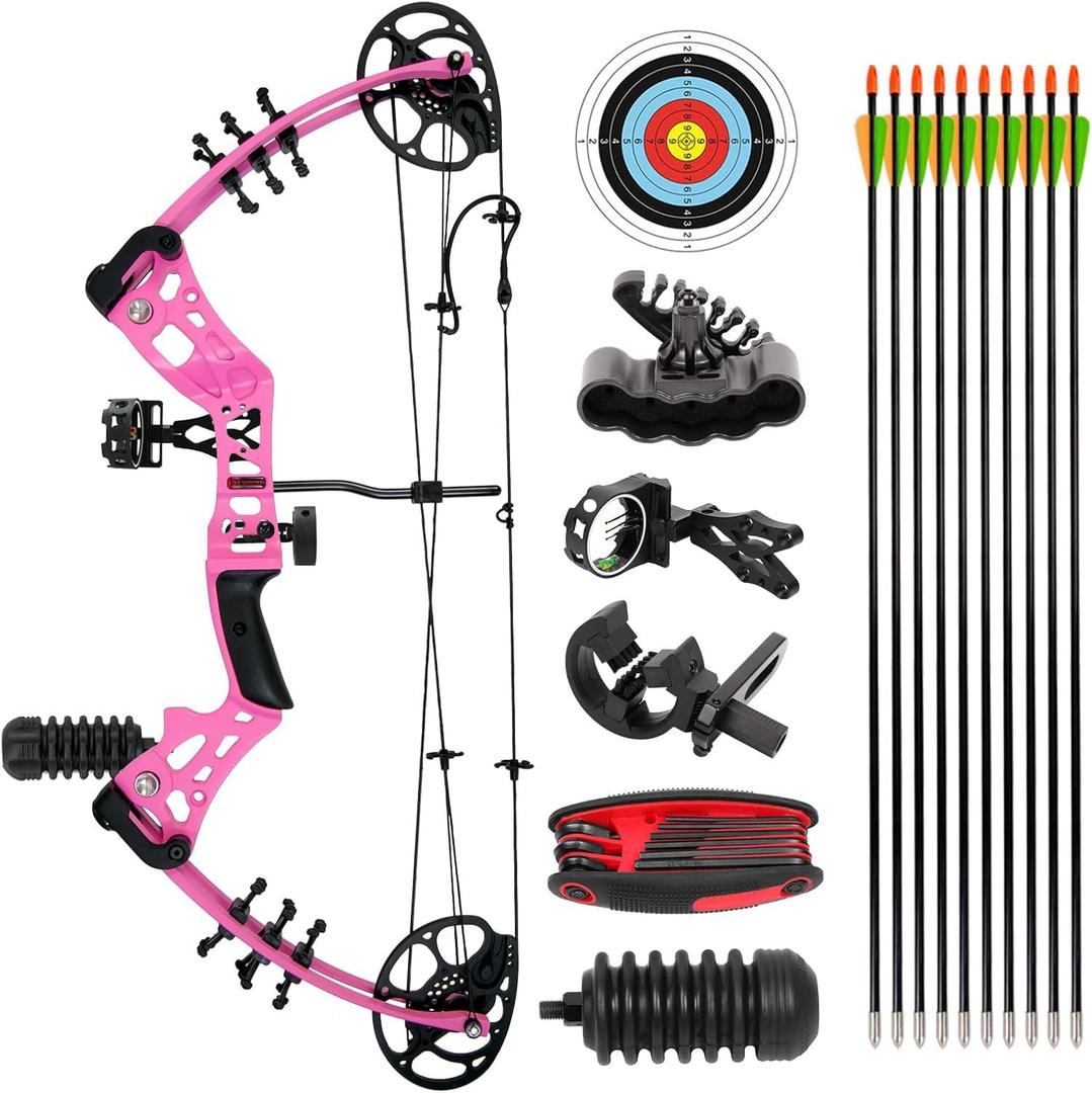 Compound Bow and Arrow Kit Youth Bow and Arrow Set, 15-45 Lbs Draw Weight, 18"-29" Draw Length, Right Handed Bow for Beginner, 320 Fps Hunting & Target Bow with All Accessories, Pink