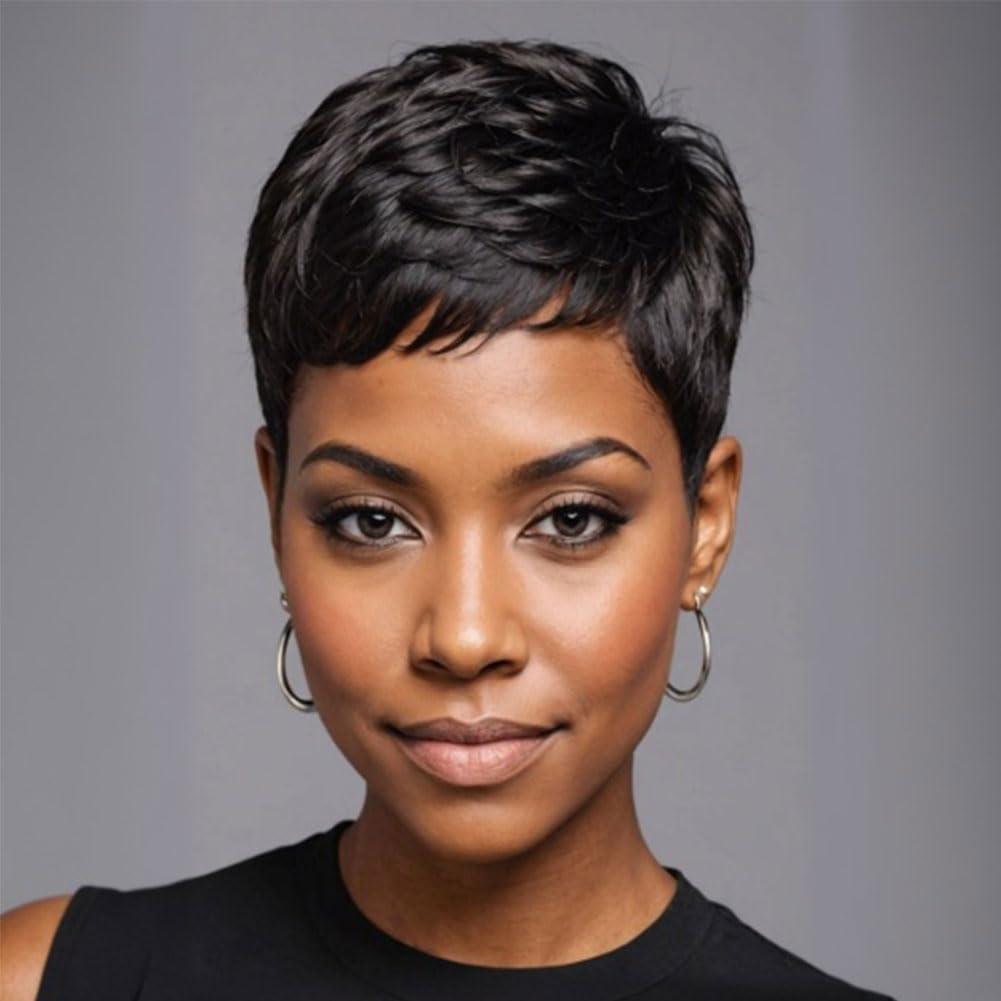 MOONSHOW Short Pixie Cut Wigs for Black Women Super Short Hair Wig Black Pixie Cut Wig Short Hairstyles for Women Synthetic Layered Wigs for Black Women