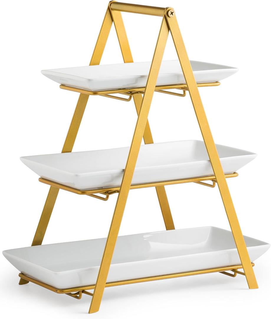 YHOSSEUN 3 Tier Serving Tray, Porcelain Tiered Tray Stand, 10+12+14 Inch Serving Platters and Trays with Collapsible Sturdier Rack, 3 Tiered Serving Stand Dessert Stands Treat Table Display Set, Gold