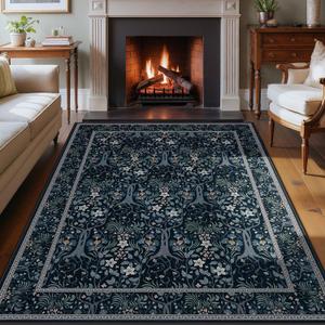 Joydeco Floral Living Room Rugs, Washable Large Bedroom Rug 8x10 Under Bed Non Slip, Soft Forest Botanical Low-Pile Floor Indoor Throw Carpet for Dining Table Home Office, Blue-Black