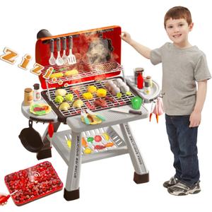 Barbecue Grill Toy Set, Kids BBQ Grill Playset with Smoke Sound Light Simulation Camping Cooking Interactive Toys Christmas Birthday Gift for Toddlers Girls Boys 2-6