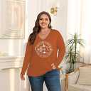 Plus Size Women Halloween Tee Shirt Pumpkin Face Long Sleeve Tee Tops Coffee Letter Print Gift T-Shirt (3X-Large, Orange-1w)