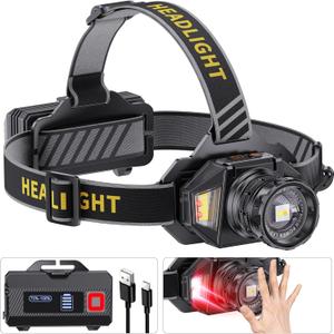 LED Headlamp Rechargeable3000 High Lumens Head Lamp with 12 Modes & 90H Long Battery Life & Motion Sensor & IPX7 Waterproof,90 Adjustable Headlight for Outdoor Camping,Cycling,Hiking